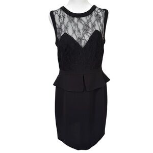 Sandro Paris Black Lace Peplum Dress 3 Large Sheer Illusion Cocktail Party‎